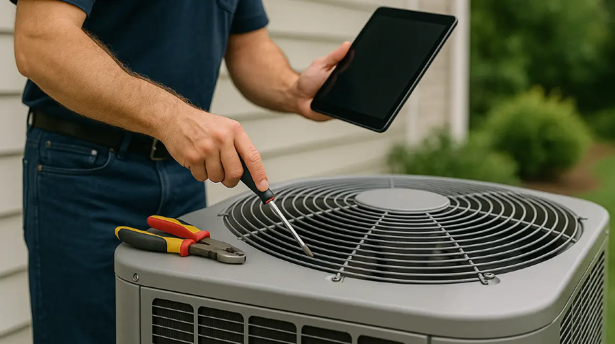 a male air conditioning technician testing an outside ac unit from Air Conditioning Repair Houston in Houston, TX - 24 hour ac repair houston