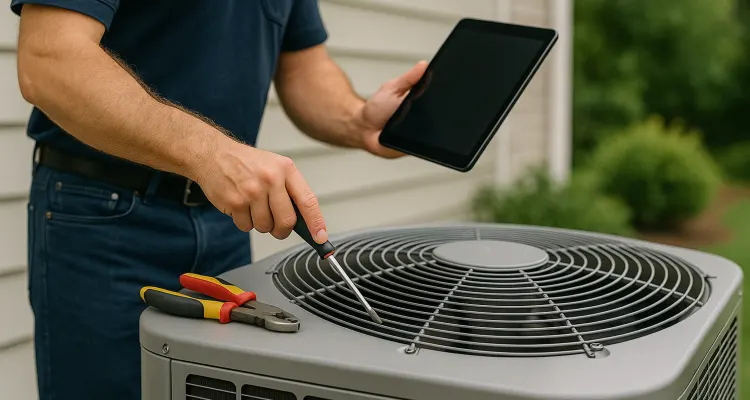 a male air conditioning technician testing an outside ac unit from Air Conditioning Repair Houston in Houston, TX - 24 hour ac repair houston