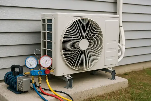 an ac unit outside with an ac manifold gauge next to it from Air Conditioning Repair Houston in Houston, TX - 24 hour ac repair houston