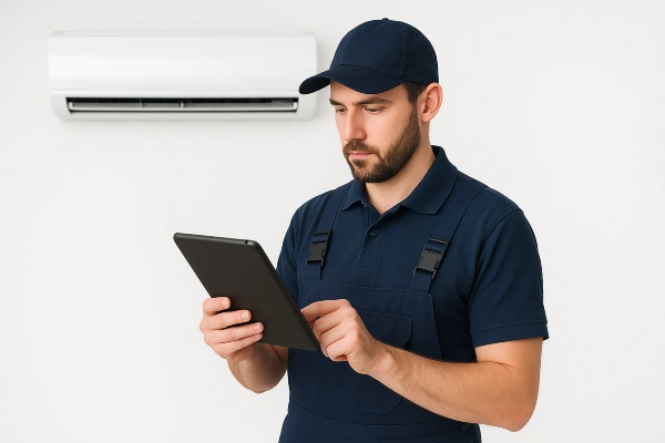 an air conditioning technician with an ipad filling out a report from Air Conditioning Repair Houston in Houston, TX - 24 hour ac repair houston