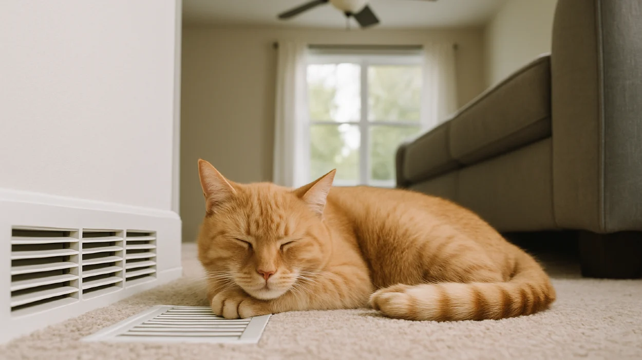 an orange cat laying on the carpet next to an AC vent from Air Conditioning Repair Houston in Houston, TX - ac compressor rebuild houston