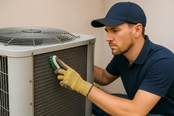 a male air conditioning technician cleaning the coils of an old AC unit from Air Conditioning Repair Houston in Houston, TX - air conditioning installation a male air conditioning technician cleaning the coils of an old AC unit from Air Conditioning Repair Houston in Houston, TX - air conditioning installation