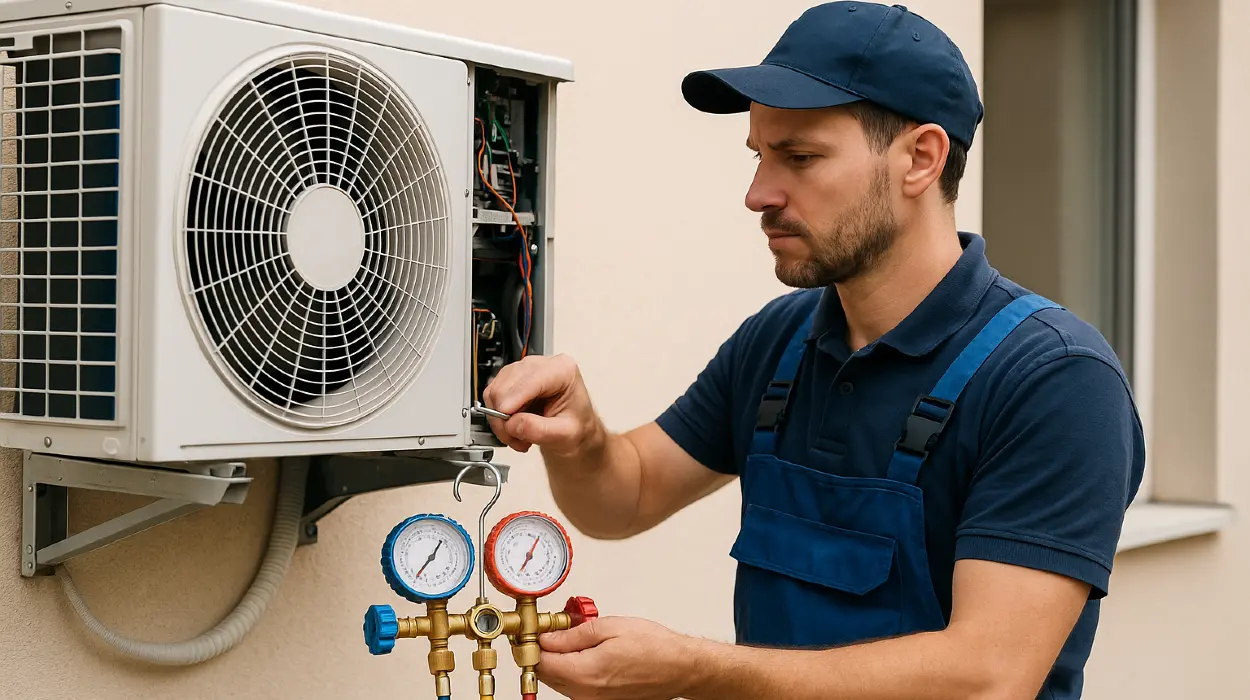 a male air conditioning technician checking an ac unit from Air Conditioning Repair Houston in Houston, TX - Air Conditioning Technician a male air conditioning technician checking an ac unit from Air Conditioning Repair Houston in Houston, TX