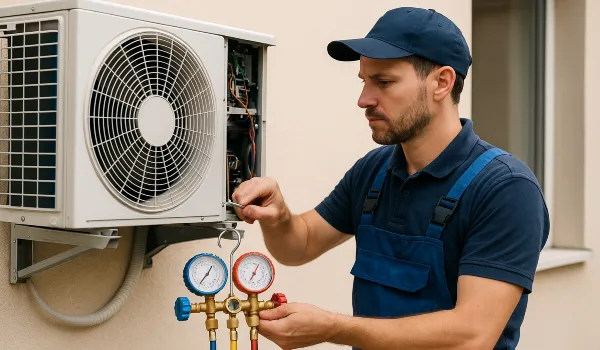 a male air conditioning technician checking an ac unit from Air Conditioning Repair Houston in Houston, TX - Air Conditioning Technician a male air conditioning technician checking an ac unit from Air Conditioning Repair Houston in Houston, TX