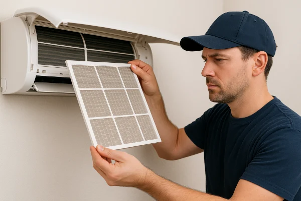 a male air conditioning technician replacing an ac filter from Air Conditioning Repair Houston in Houston, TX a male air conditioning technician replacing an ac filter from Air Conditioning Repair Houston in Houston, TX