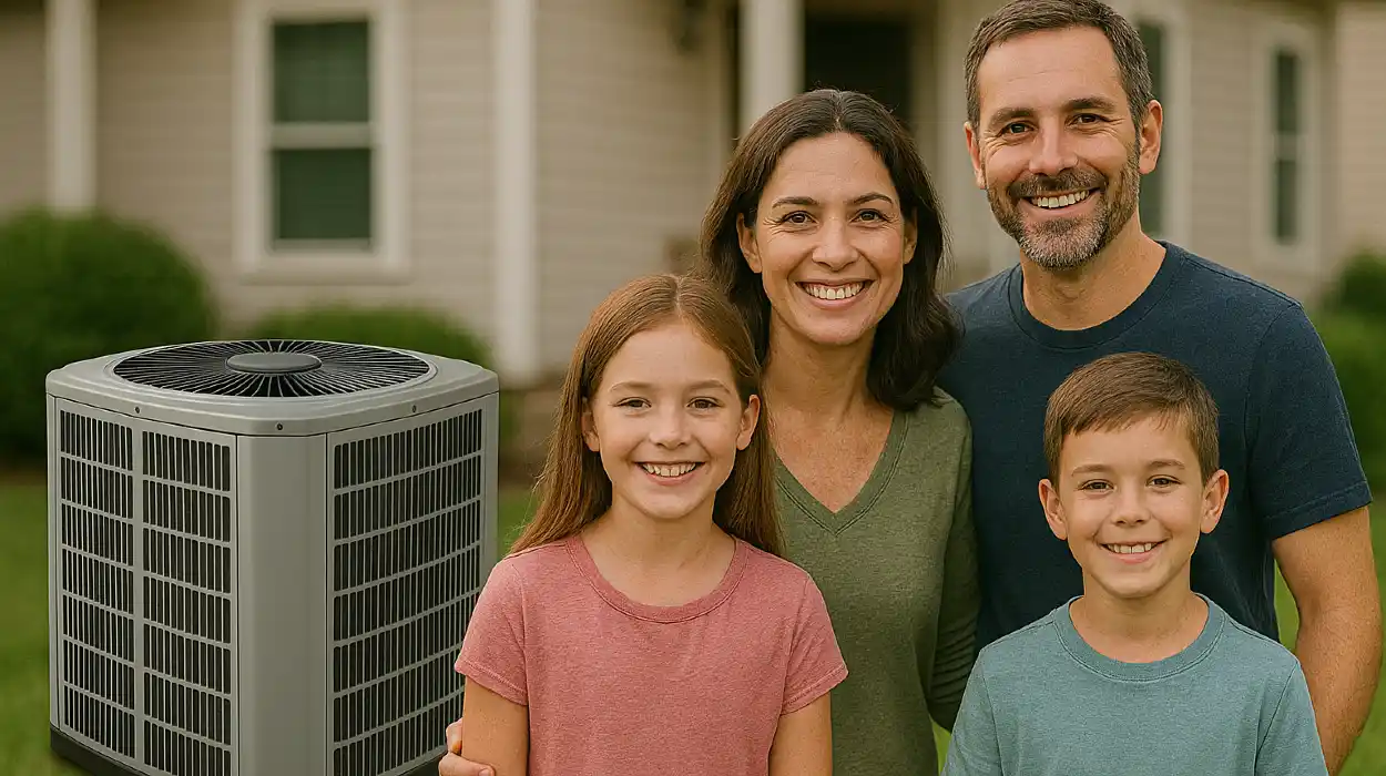 a family outside the house smiling at the camera with a new AC unit next to them from Air Conditioning Repair Houston in Baytown, TX - Baytown TX