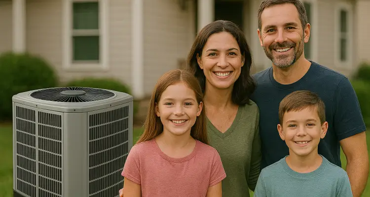 a family outside the house smiling at the camera with a new AC unit next to them from Air Conditioning Repair Houston in Baytown, TX - Baytown TX