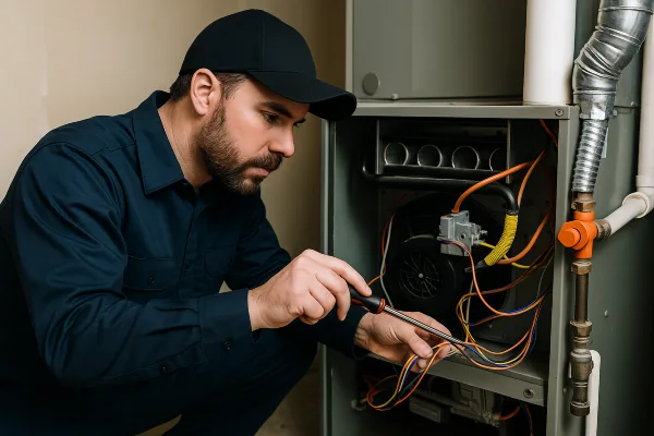a male air conditioning technician checking a furnace wiring from Air Conditioning Repair Houston in Baytown, TX - Baytown TX