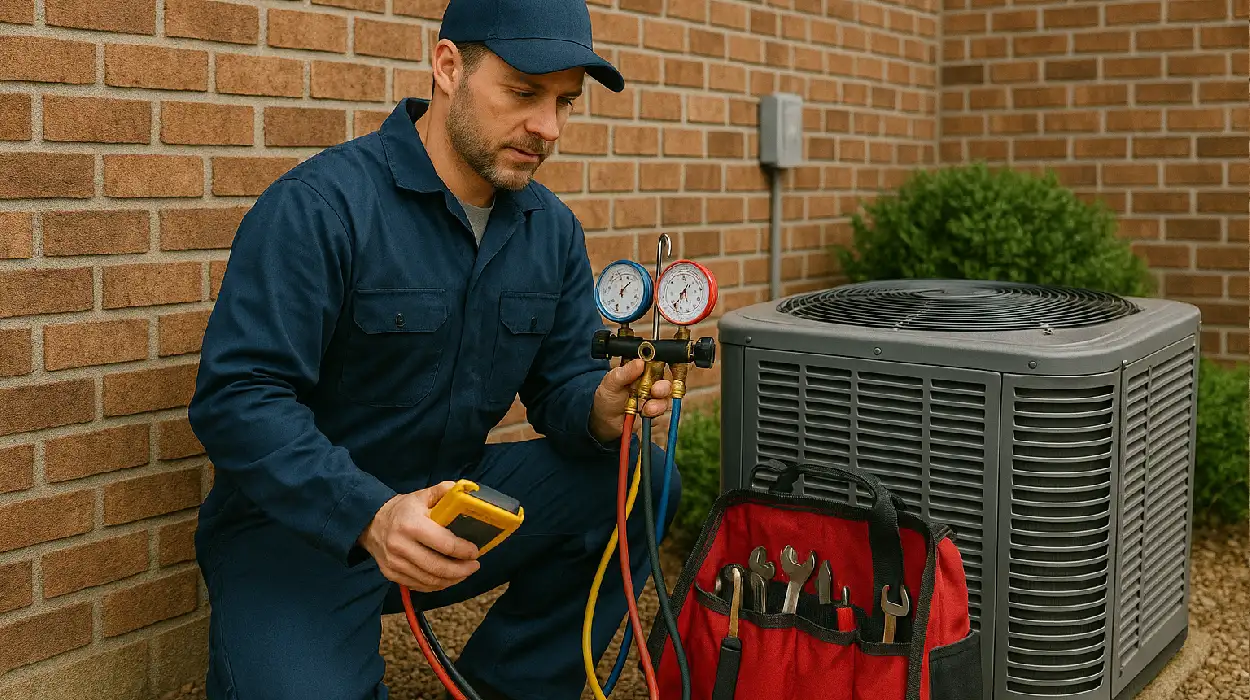 an air conditioning technician with his tools checking an outside ac unite from Air Conditioning Repair Houston in Conroe, TX - Conroe TX