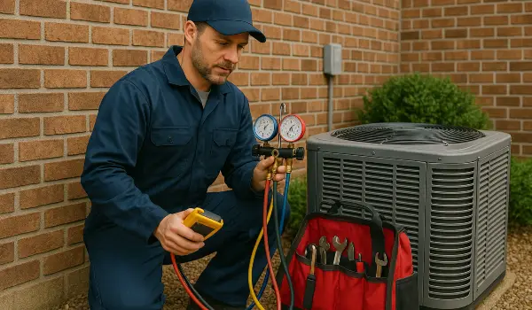 an air conditioning technician with his tools checking an outside ac unite from Air Conditioning Repair Houston in Conroe, TX - Conroe TX