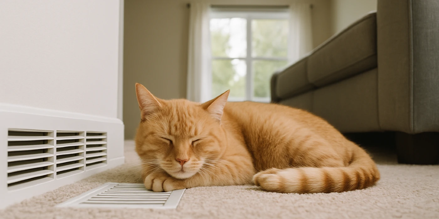 an orange cat laying on the carpet next to an AC vent from Air Conditioning Repair Houston in Cypress, TX - Cypress TX
