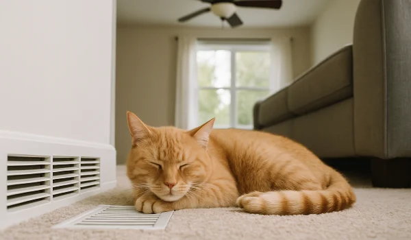 an orange cat laying on the carpet next to an AC vent from Air Conditioning Repair Houston in Cypress, TX - Cypress TX