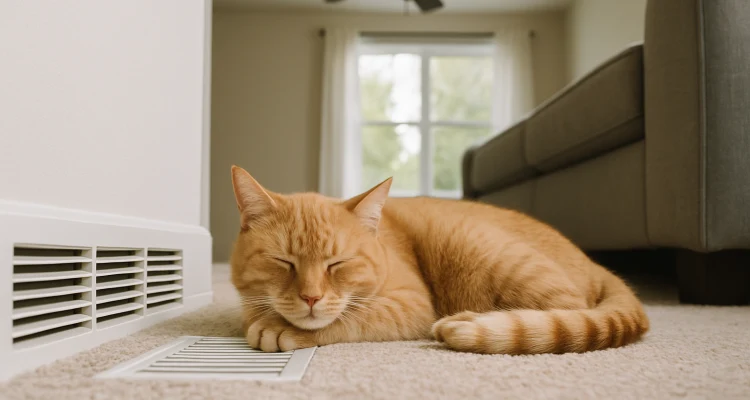 an orange cat laying on the carpet next to an AC vent from Air Conditioning Repair Houston in Cypress, TX - Cypress TX
