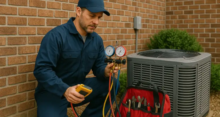 an air conditioning technician with his tools checking an outside ac unite from Air Conditioning Repair Houston in Houston, TX - furnace repair houston