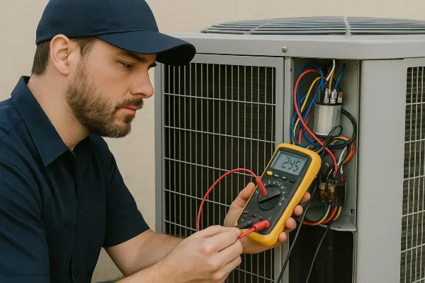 an air conditioning technician using a ac current meter from Air Conditioning Repair Houston in Houston, TX - furnace repair houston an air conditioning technician using a ac current meter from Air Conditioning Repair Houston in Houston, TX - furnace repair houston