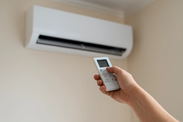 the hand of a person using an AC control remote to adjust the temperature from Air Conditioning Repair Houston in Houston, TX - furnace repair houston the hand of a person using an AC control remote to adjust the temperature from Air Conditioning Repair Houston in Houston, TX - furnace repair houston