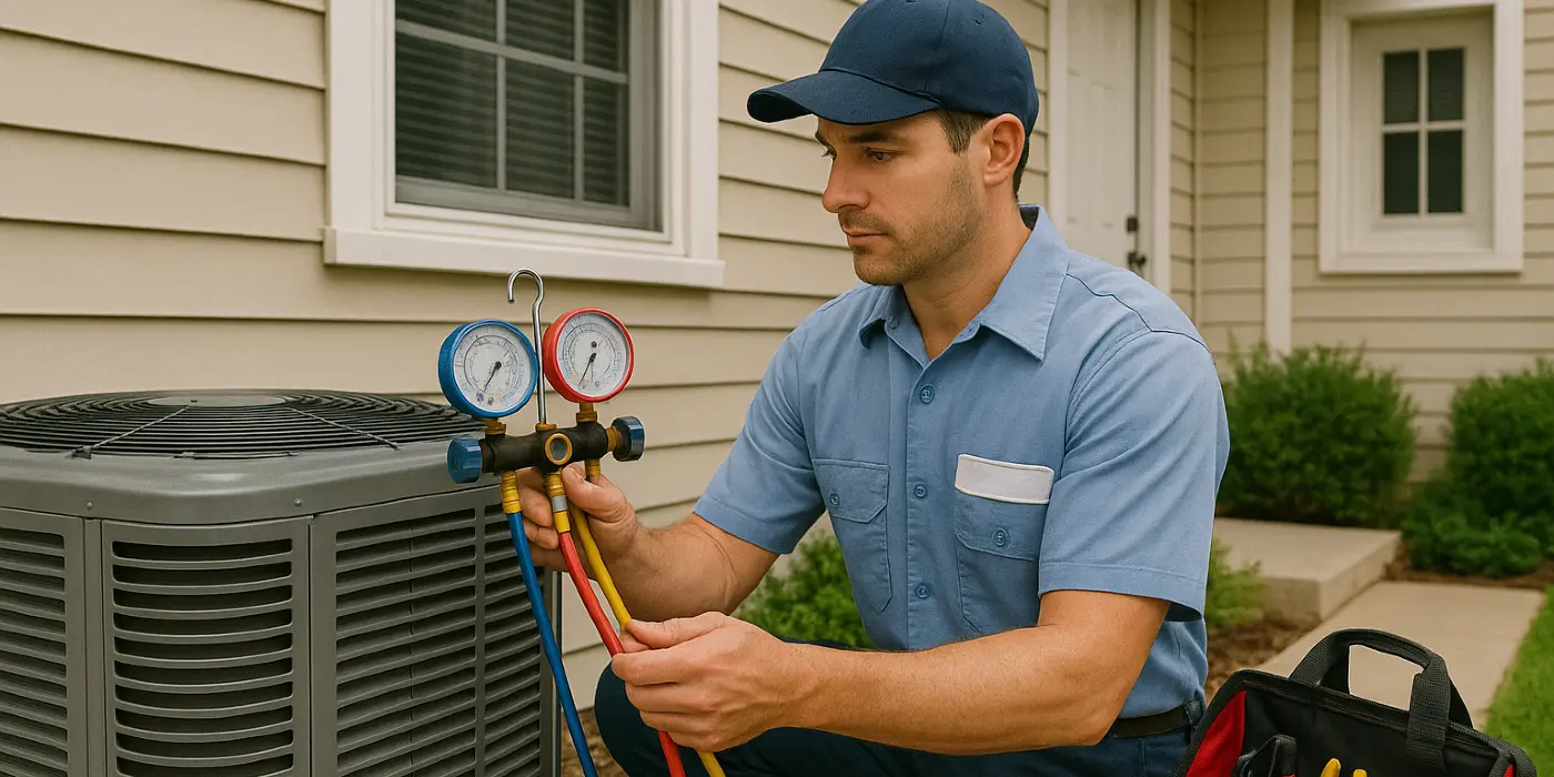 an air conditioning technician in uniform using the manifold gauge to test an ac unit from Air Conditioning Repair Houston in Houston, TX - houston ac maintenance an air conditioning technician in uniform using the manifold gauge to test an ac unit from Air Conditioning Repair Houston in Houston, TX - houston ac maintenance