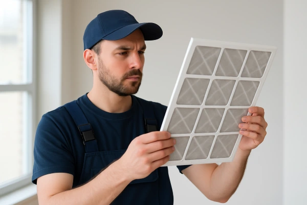 an air conditioning technician holding and checking an ac filter from Air Conditioning Repair Houston in Houston, TX - houston ac maintenance an air conditioning technician holding and checking an ac filter from Air Conditioning Repair Houston in Houston, TX - houston ac maintenance