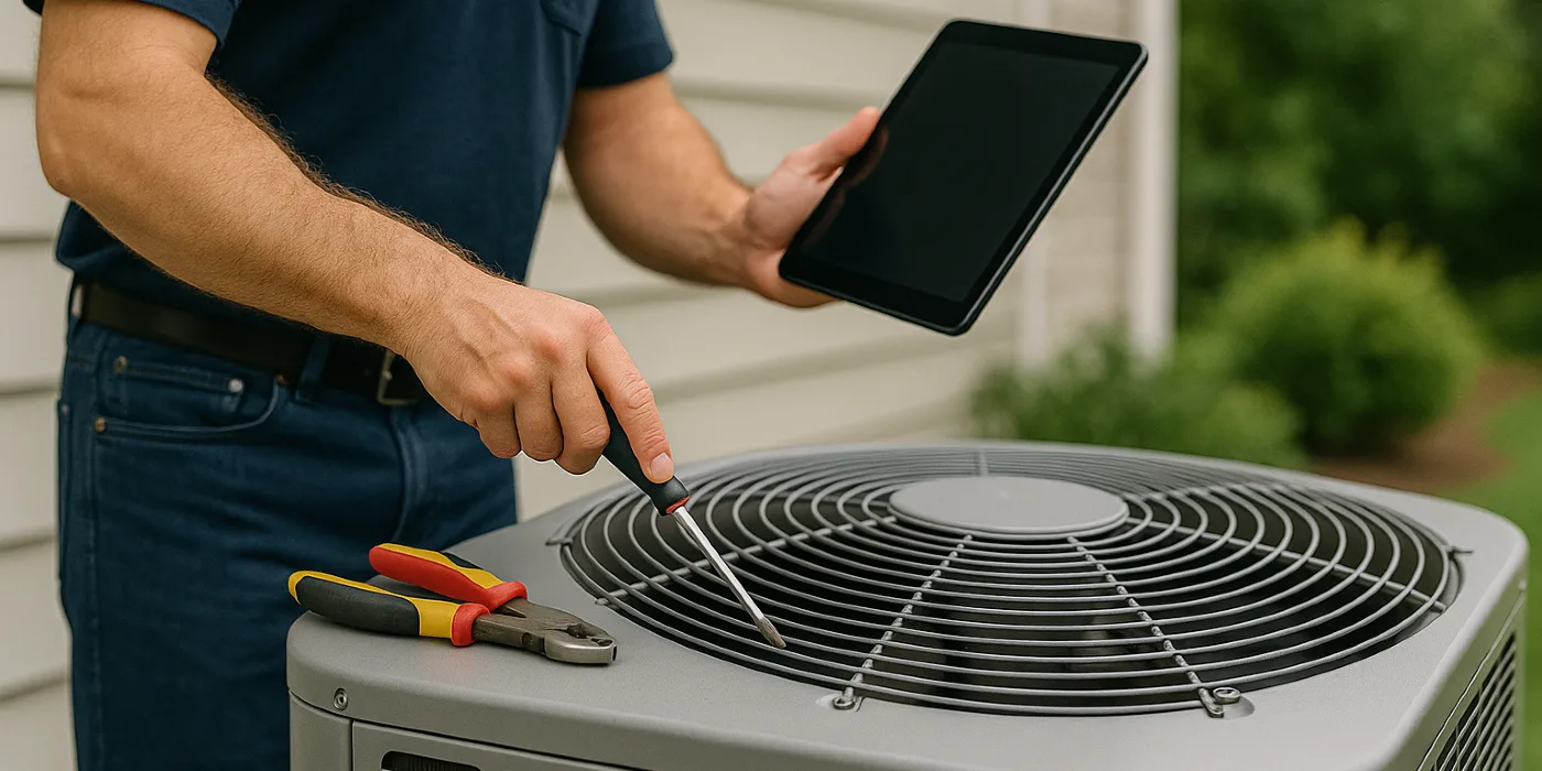 a male air conditioning technician testing an outside ac unit from Air Conditioning Repair Houston in Katy, TX - Katy TX a male air conditioning technician testing an outside ac unit from Air Conditioning Repair Houston in Katy, TX - Katy TX