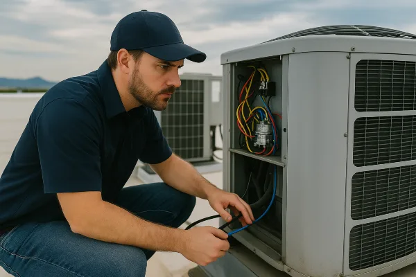 a male air conditioning technician checking a commercial ac unit located on the roof of the building from Air Conditioning Repair Houston in Katy, TX - Katy TX a male air conditioning technician checking a commercial ac unit located on the roof of the building from Air Conditioning Repair Houston in Katy, TX - Katy TX
