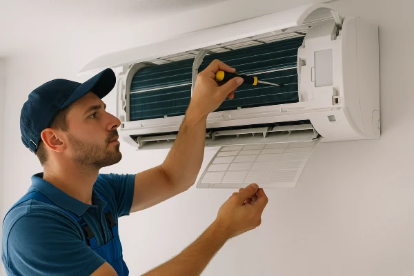 an air conditioning technician checking a mini split ac from Air Conditioning Repair Houston in Katy, TX - Katy TX an air conditioning technician checking a mini split ac from Air Conditioning Repair Houston in Katy, TX - Katy TX