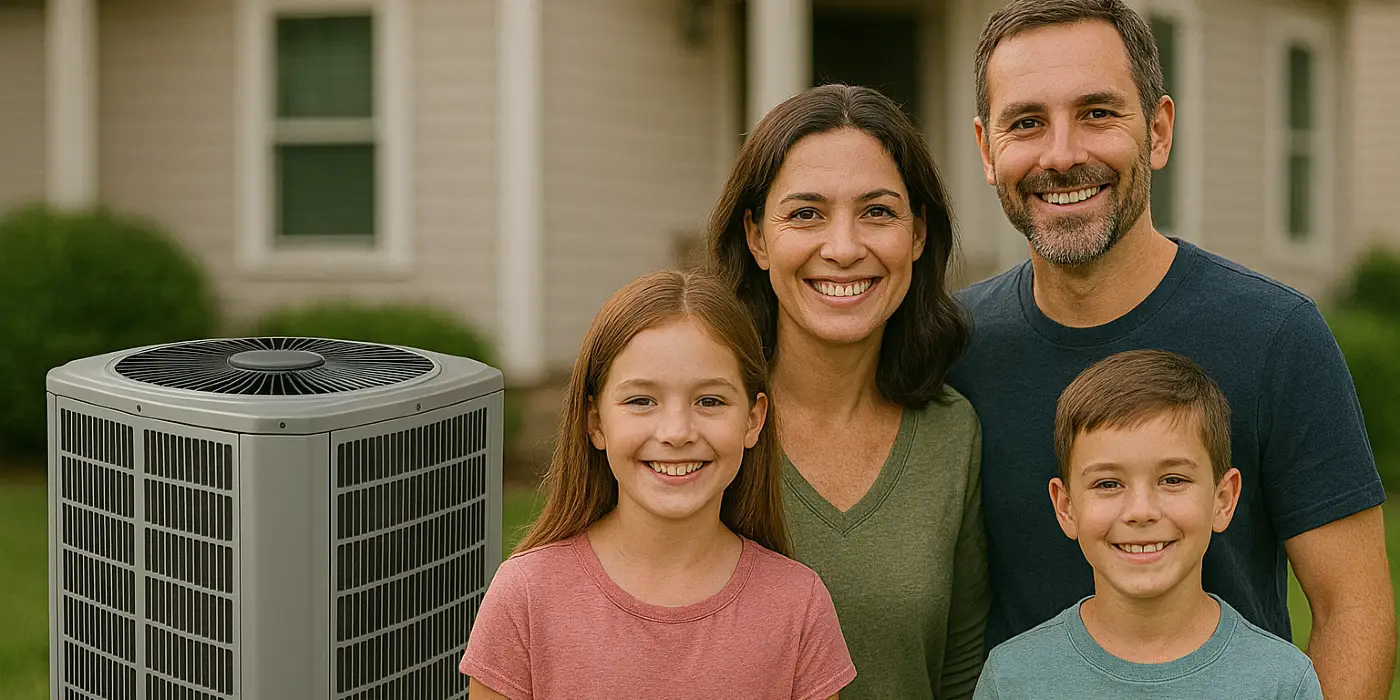 a family outside the house smiling at the camera with a new AC unit next to them from Air Conditioning Repair Houston in Houston, TX - residential ac repair houston a family outside the house smiling at the camera with a new AC unit next to them from Air Conditioning Repair Houston in Houston, TX - residential ac repair houston