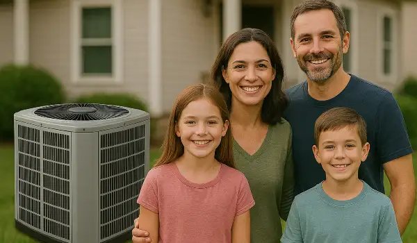 a family outside the house smiling at the camera with a new AC unit next to them from Air Conditioning Repair Houston in Houston, TX - residential ac repair houston