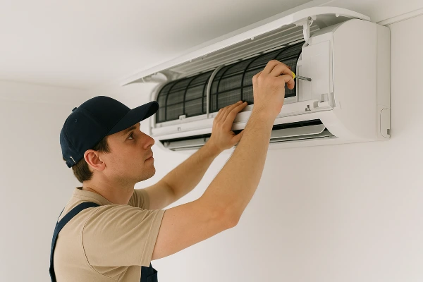 a male air conditioning technician checking a mini split AC unit from Air Conditioning Repair Houston in Houston, TX - residential ac repair houston a male air conditioning technician checking a mini split AC unit from Air Conditioning Repair Houston in Houston, TX - residential ac repair houston