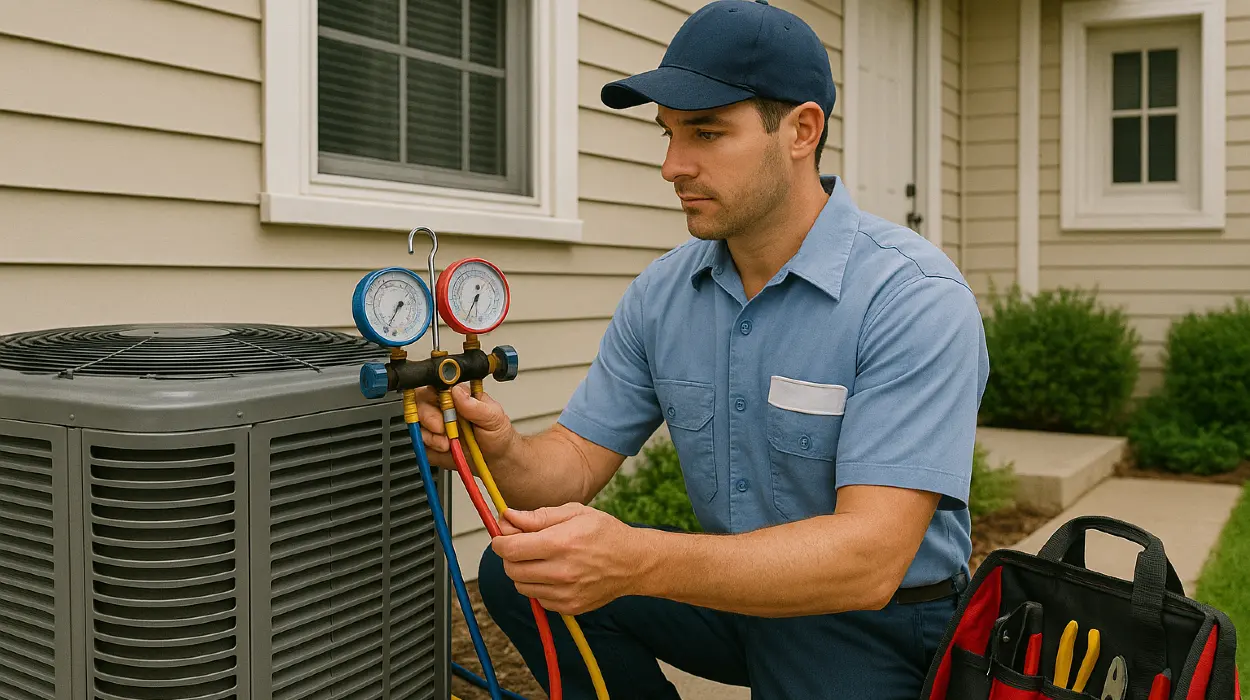 an air conditioning technician in uniform using the manifold gauge to test an ac unit from Air Conditioning Repair Houston in The Woodlands, TX - The Woodlands TX