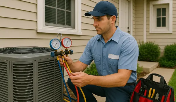 an air conditioning technician in uniform using the manifold gauge to test an ac unit from Air Conditioning Repair Houston in The Woodlands, TX - The Woodlands TX