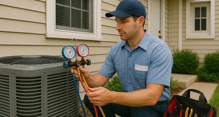an air conditioning technician in uniform using the manifold gauge to test an ac unit from Air Conditioning Repair Houston in The Woodlands, TX - The Woodlands TX