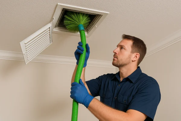 an air conditioning technician cleaning the ducts with a machine from Air Conditioning Repair Houston in The Woodlands, TX - The Woodlands TX an air conditioning technician cleaning the ducts with a machine from Air Conditioning Repair Houston in The Woodlands, TX - The Woodlands TX